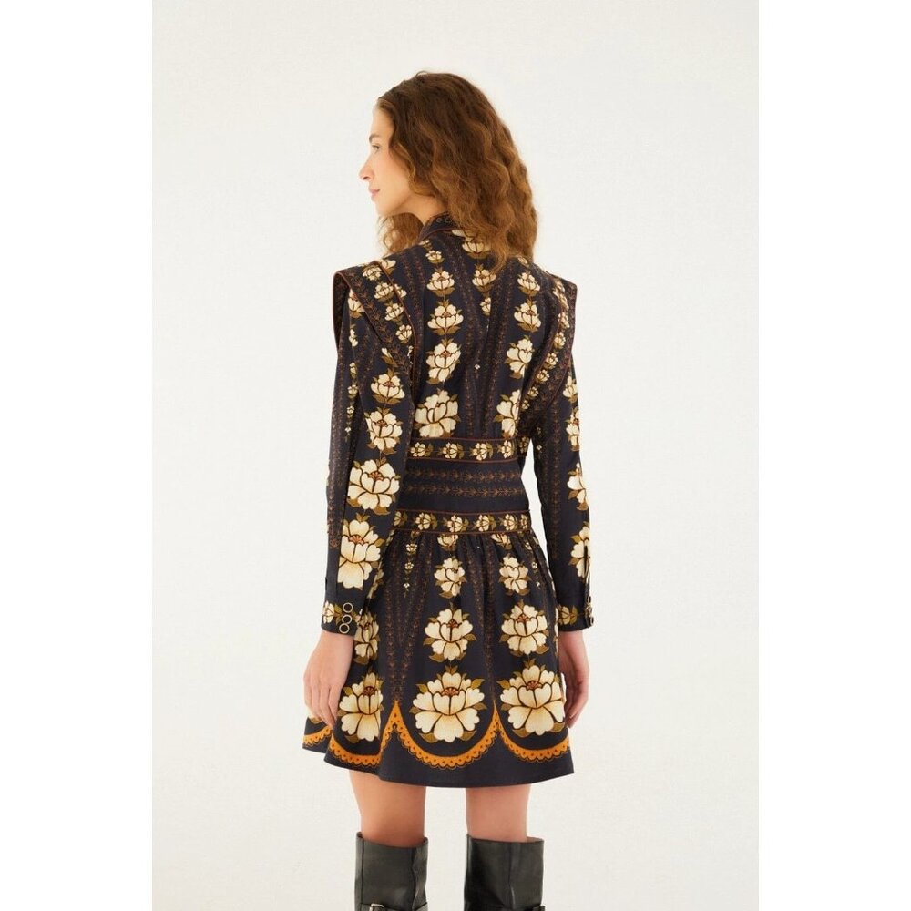 Farm Rio Topstitching Long Sleeve Mini Dress in Black Embroidered Flower Small - Picture 3 of 14
